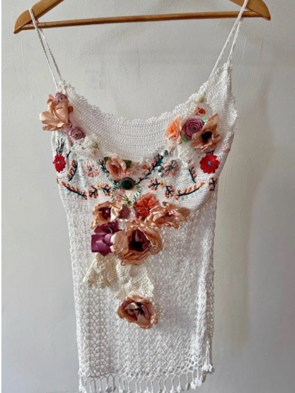 Handmade White Crochet Tank with 3D Floral Appliques